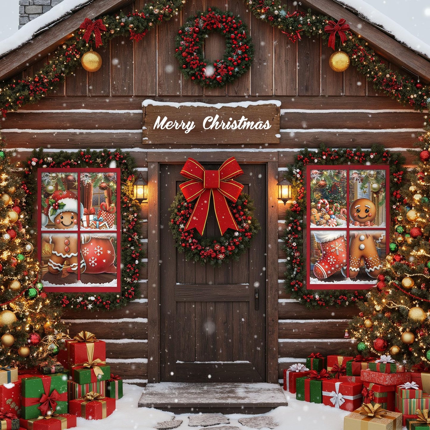 Patelai 4 Pcs Merry Christmas Curtain Cute Christmas Window Silhouette Decoration Snowflake Window Door Cover Holiday Xmas Poster Screen for Indoor Outdoor Party Decor(Gingerbread Man)