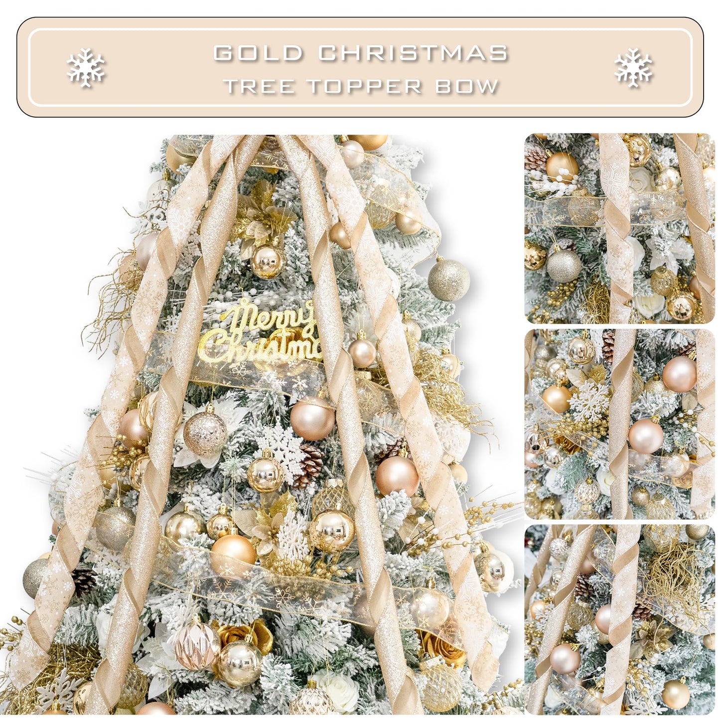 Hismir Christmas Tree Topper Bow，53x14 Inches Large Christmas Bow with Glitter Streamer and Patterned Ribbon，Decorative Bows for Xmas Tree Wreath Door Festival Home Decor(Champagne Gold Snowflake)
