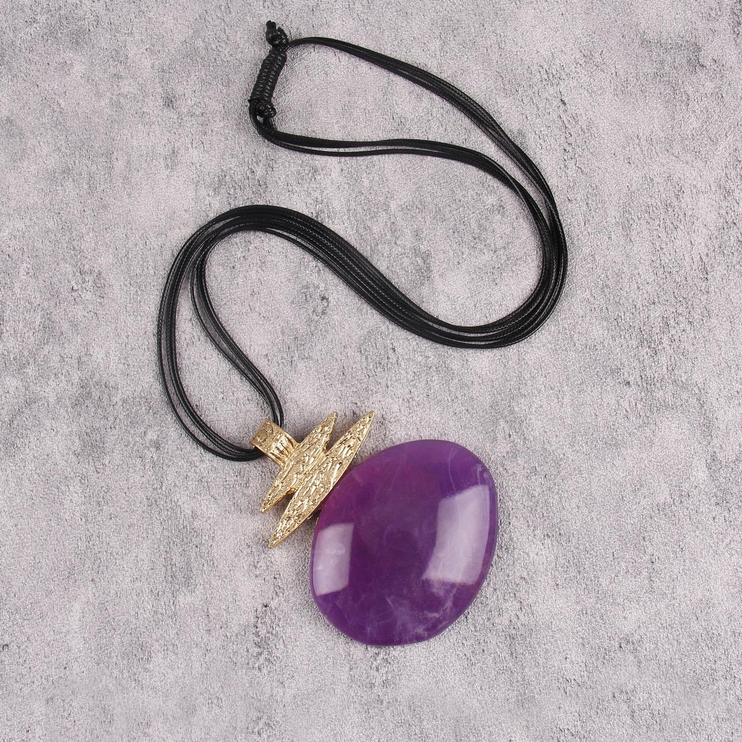 Jeniiahua Boho Necklaces for Women Leather Bohemian Chunky Vintage Long Necklace with Large Purple Irregular Pendant