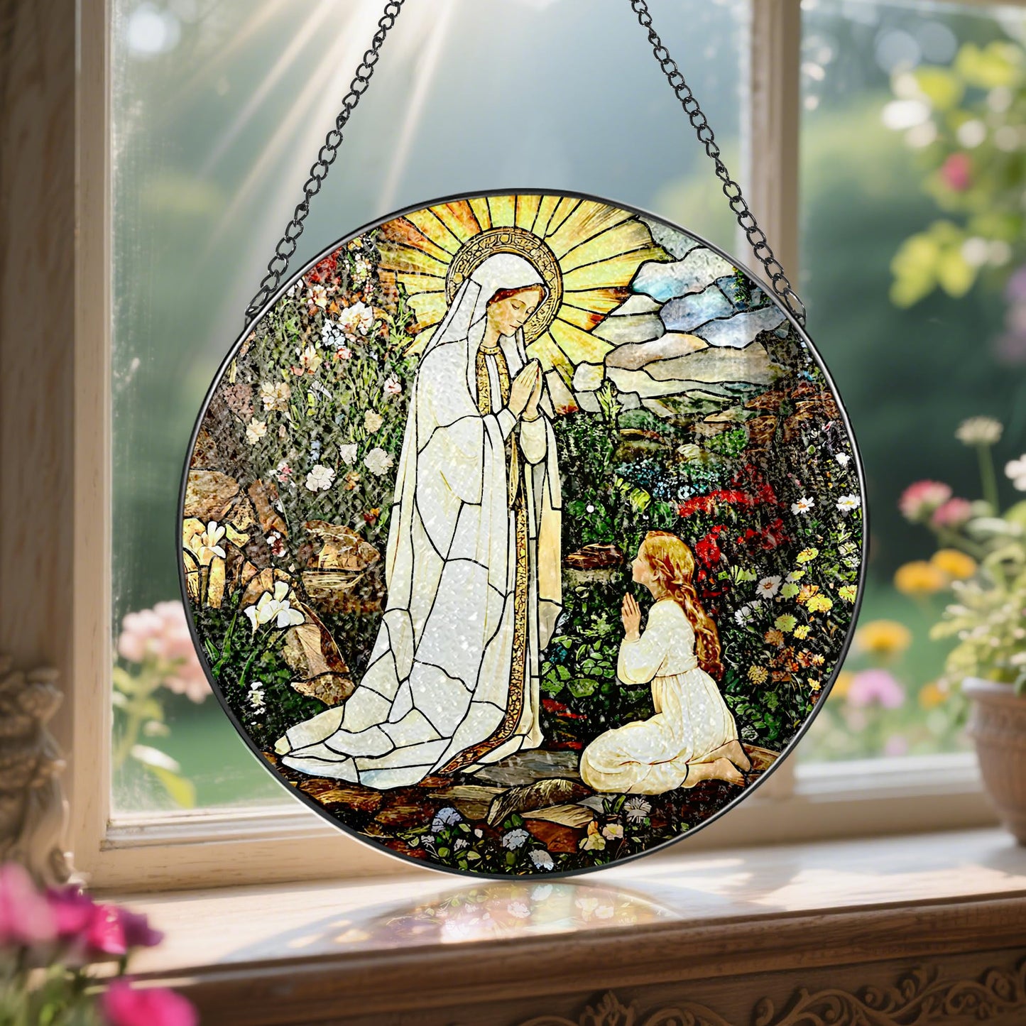 8 Inch Lady of Lourdes Stained Glass Suncatcher, Stained Glass Window Hanging, Virgin Mary Religious Window Hanging, Gift for Mothers Day, Catholic Home Decor, Faith Gift for Christian, Religious Gift