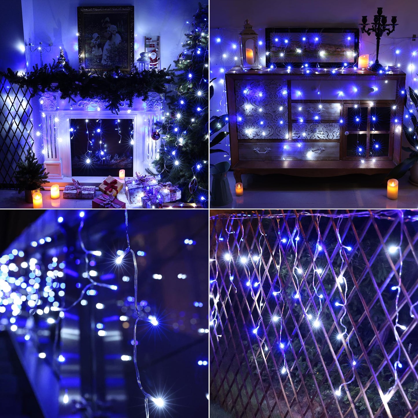 Joomer Christmas Icicle Lights - 33FT Plug in String Lights Waterproof, 8 Modes Timer Connectable Outdoor String Light for Christmas Party, Eaves, Roofs, Xmas Decorations (White+Blue)