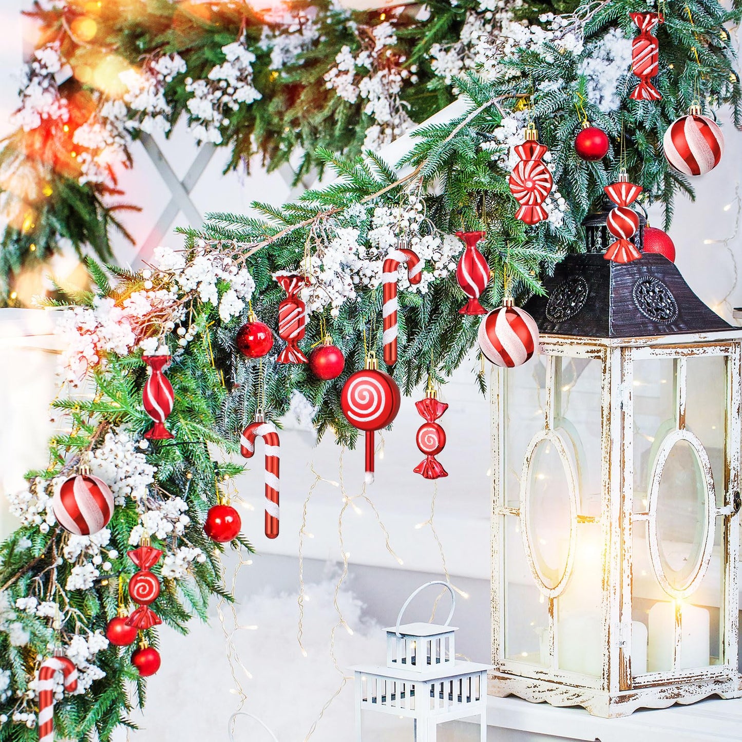 Aoriher 24 Pcs Christmas Candy Cane Ornament Red and White Plastic Peppermint Candy Cane Christmas Decorations Xmas Hanging Lollipop Pattern Decorations with Rope for Xmas Party Holiday Festival Decor