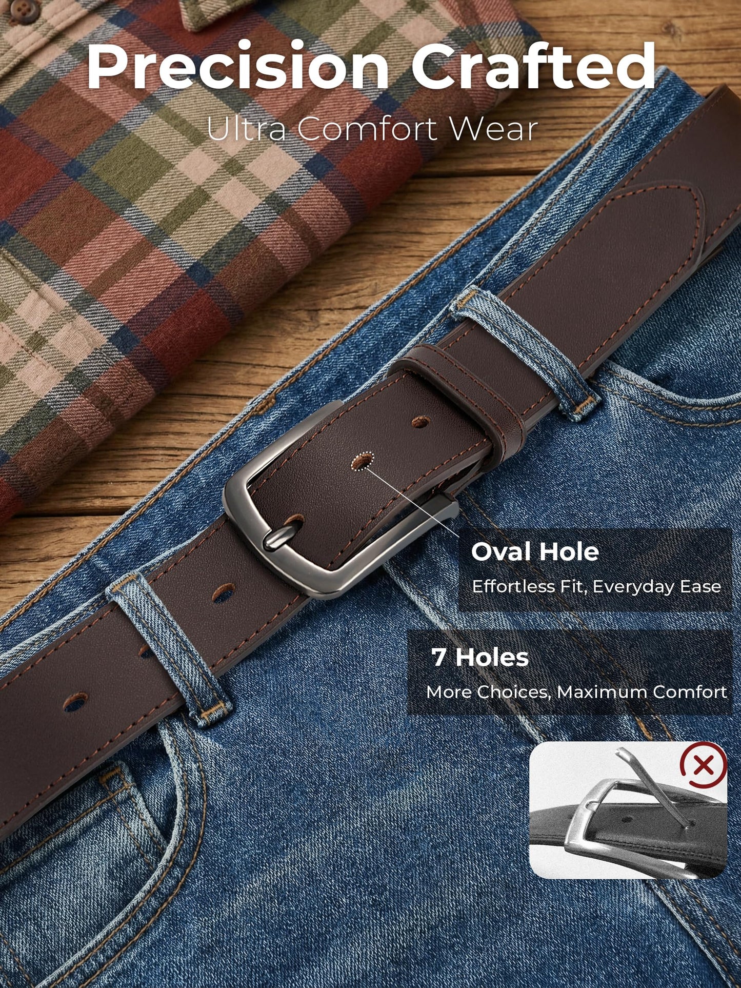 MILORDE Men's 35mm Jean Leather Belt，Handmade, Full Grain Leather for Jeans Casual daily Wear (Dark Brown 202, 34)