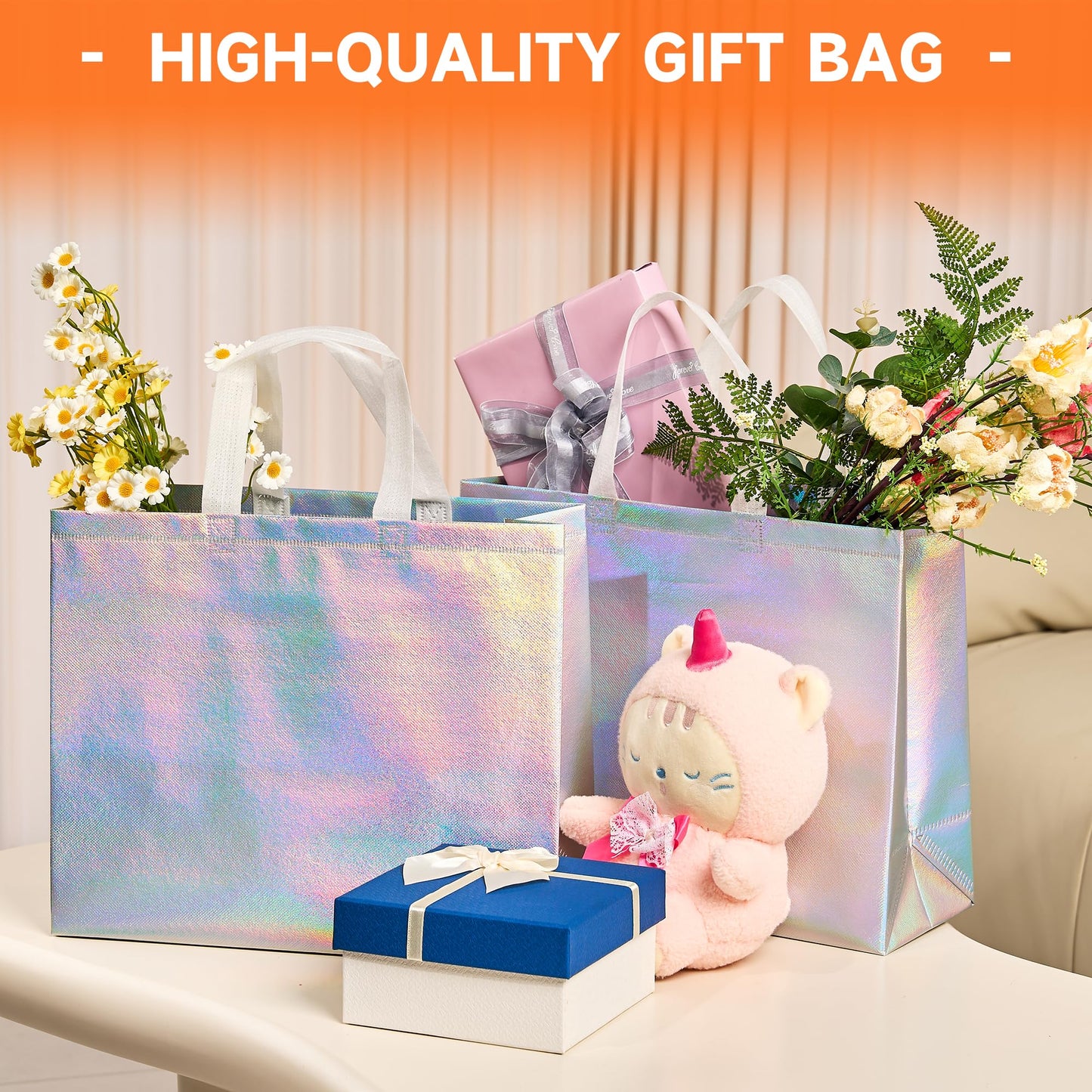 METAPRINT Large Reusable Gift Bags with Handles, 15 PCS Iridescent Party Favor Bags, 13x5x11 Inch Holographic Gift Bag Bulk for Birthday, Wedding, Goodie