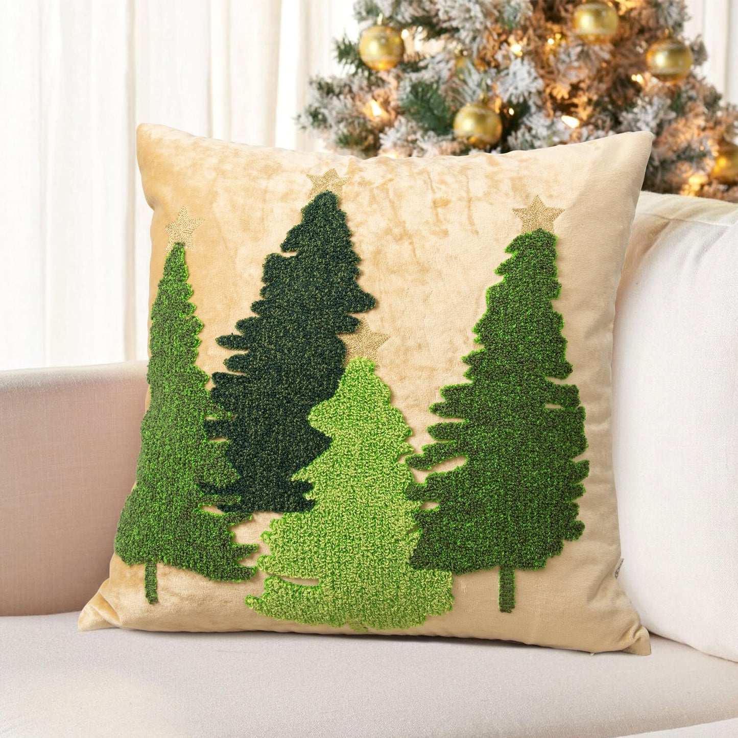 LOOPUINHOM Christmas Tree Pillow Covers 18x18, Embroidered Throw Pillow Covers Decorations Holiday Pillows for Home Couch Sofa Bed Living Room,Gold Crushed Velvet Cushion