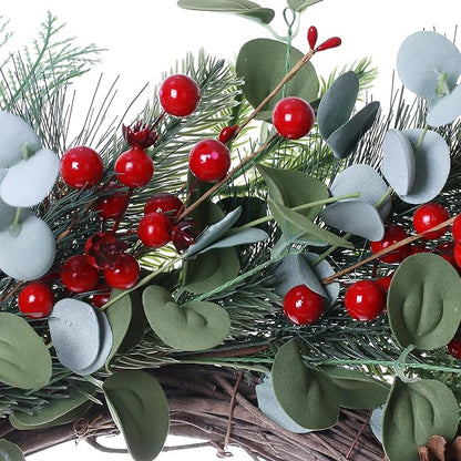 20 Inches Christmas Wreath Winter Wreaths Holiday Christmas Wreaths for Front Door Christmas Berry Wreath with Pine Needles Pine Cones Red Berries for Window Indoor Outdoor Winter Decorations