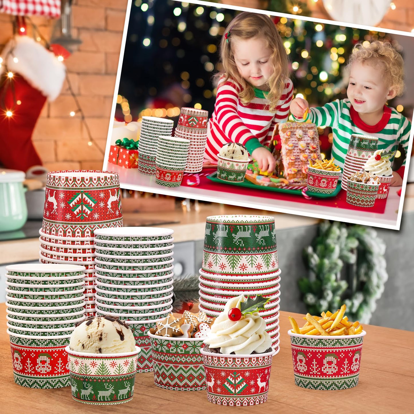 Whaline Christmas Snack Cup Xmas Red Green Ugly Sweater Disposable Paper Cups 9 Oz Dessert Ice Cream Paper Bowls for Winter Holiday Treat Candy Cake Party Favor Supplies, 48 Pcs