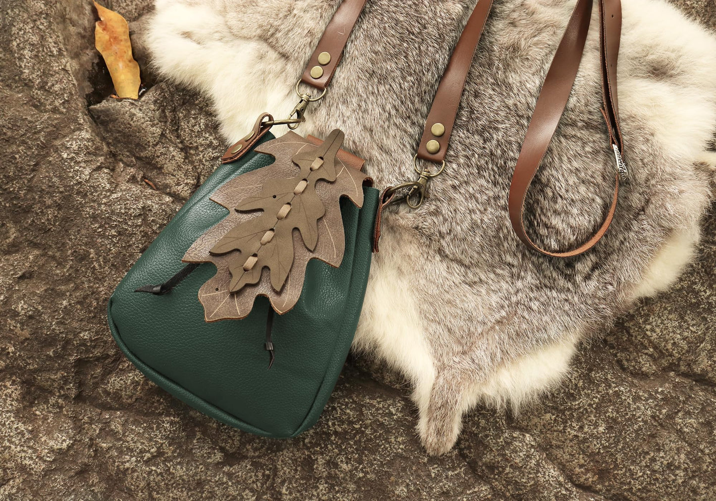 PROCOS Medieval Drawstring Faux Leather Shoulder Bag & Belt Pouch Renaissance Vintage Waist Pack Halloween Fairy ELF Cosplay (Green)