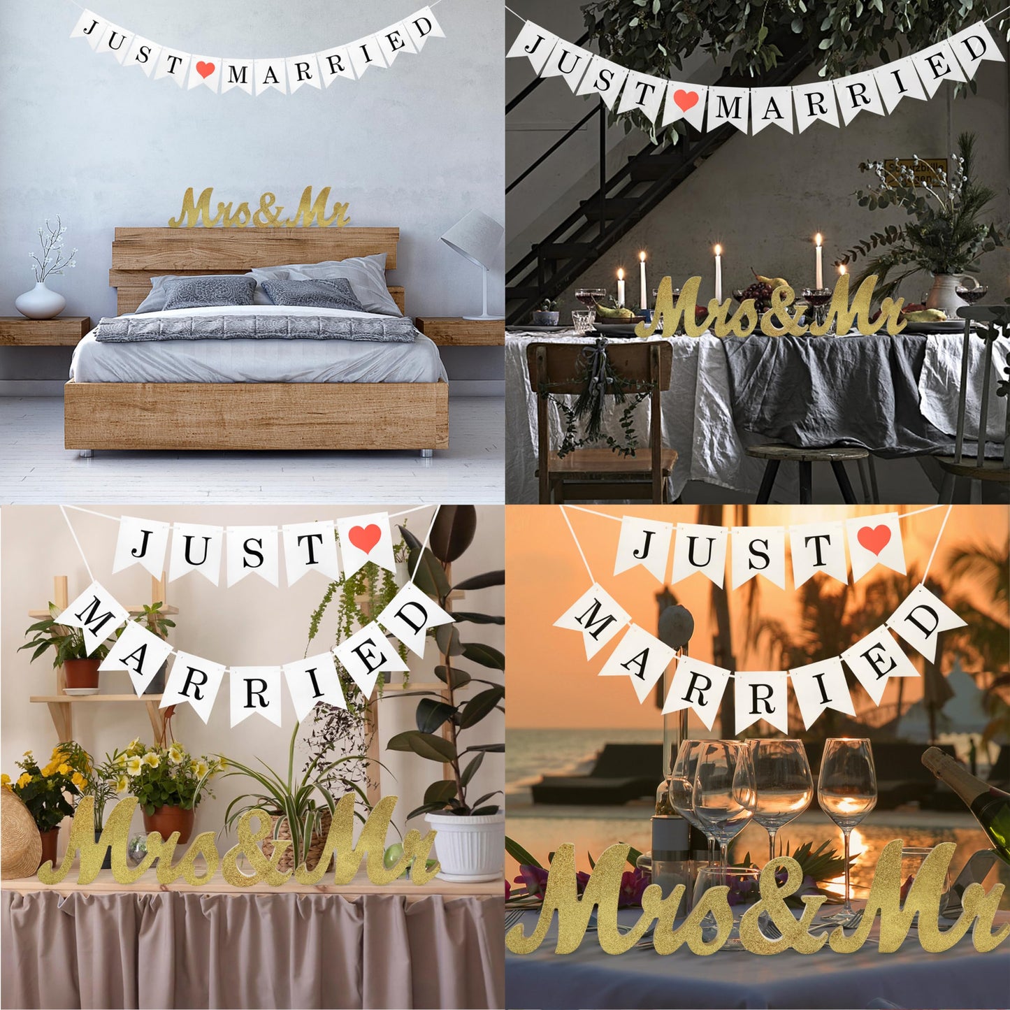 Large Golden Mr & Mrs Sign for Wedding Table with Just Married Banner - Gold Glitter Freestanding Letter Decorations for Party or Holiday - Indoor and Outdoor