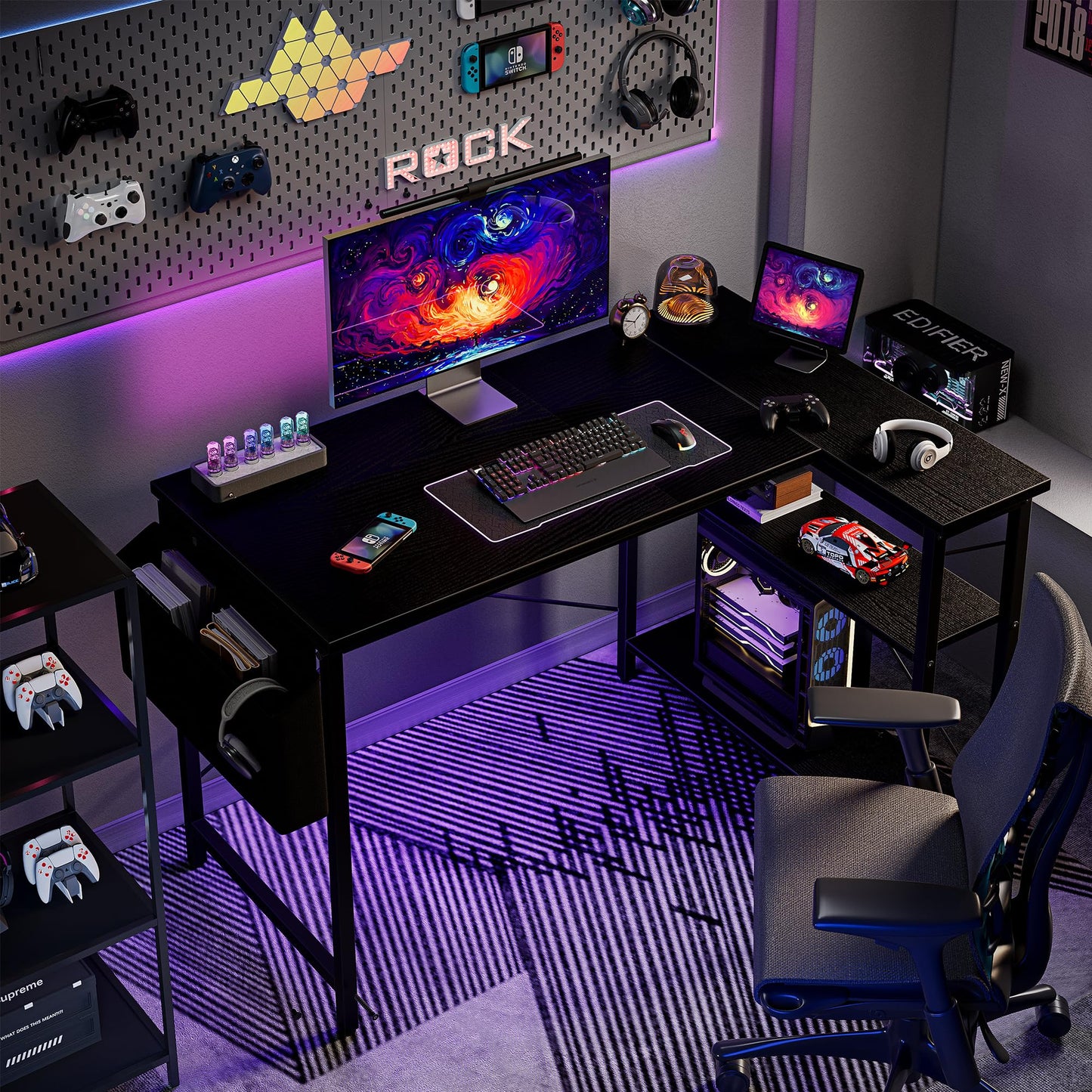 Grandder L Shaped Computer Desk with Reversible Shelves, 47 Inch Small Corner Desk with Storage Bag, Gaming Desk Computer Table Study Writing Table for Home Office Bedroom Small Space, Black