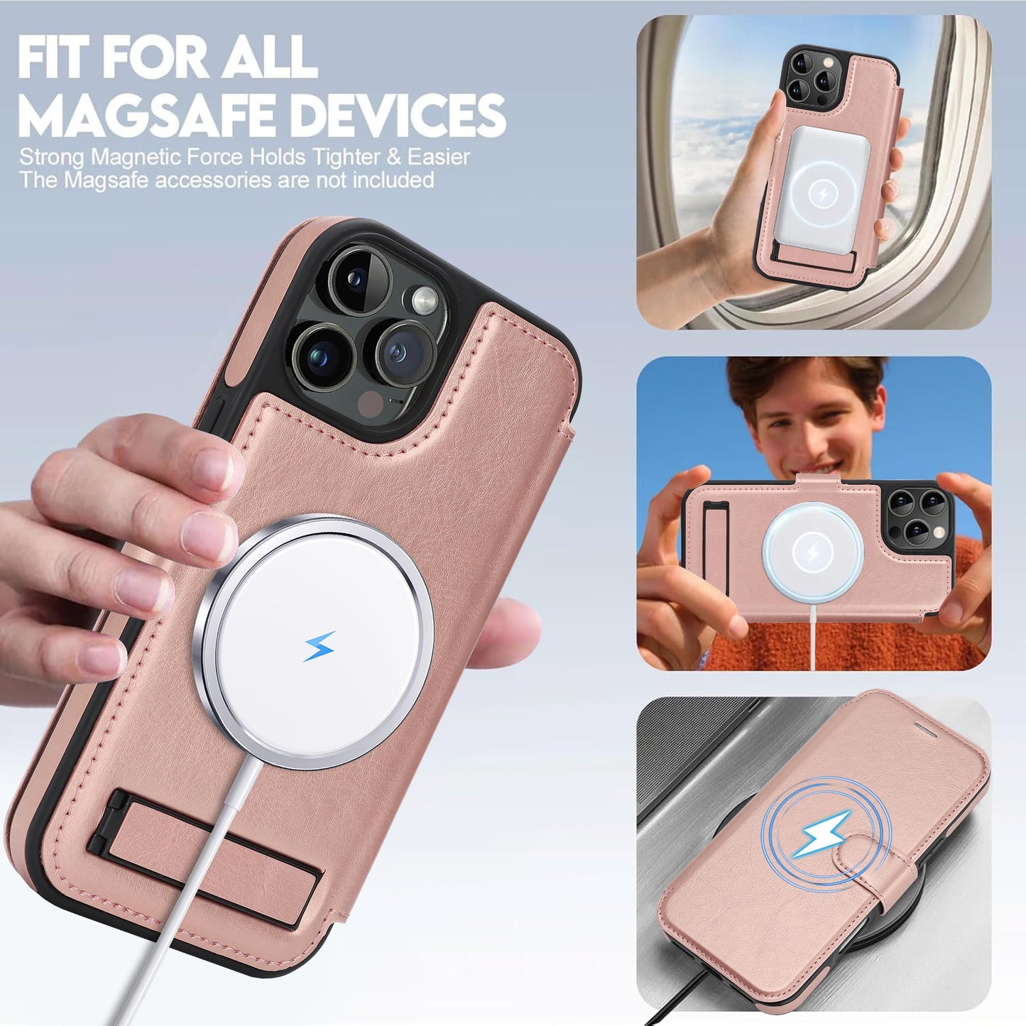 CIVICASE for iPhone 15 Pro Max Wallet Case with Stand,PU Leather Flip Credit Card Holder Slots (RFID Blocking),Compatible with Magsafe Magnetic Holder Phone Cover Women Men,Rose Gold