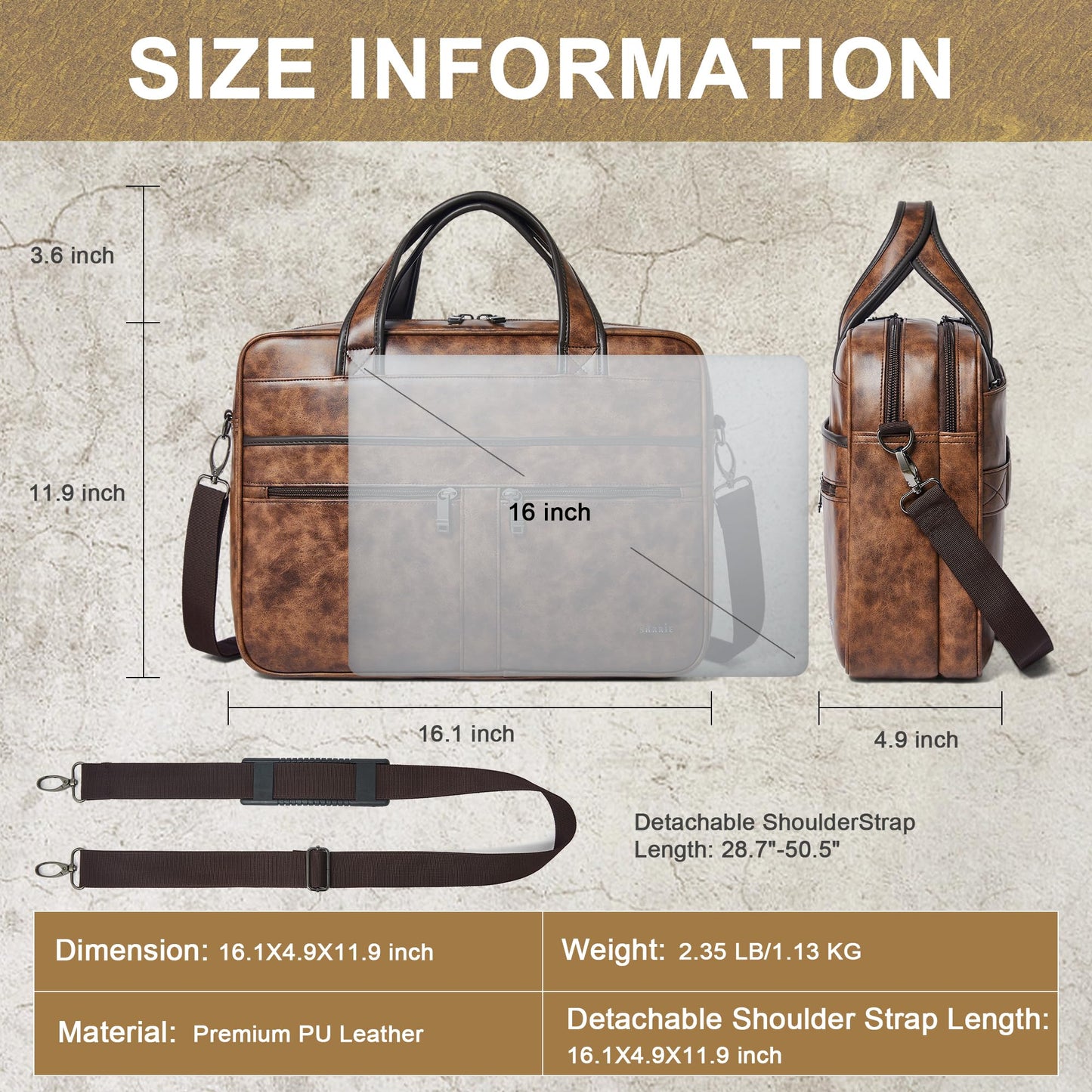 Shrrie Leather Messenger Bag for Men and Women 16 inch Laptop Bag,Water-Resistant Retro Leather Briefcase for Men,Mens Satchel Bag Crossbody for Office,Business,Work