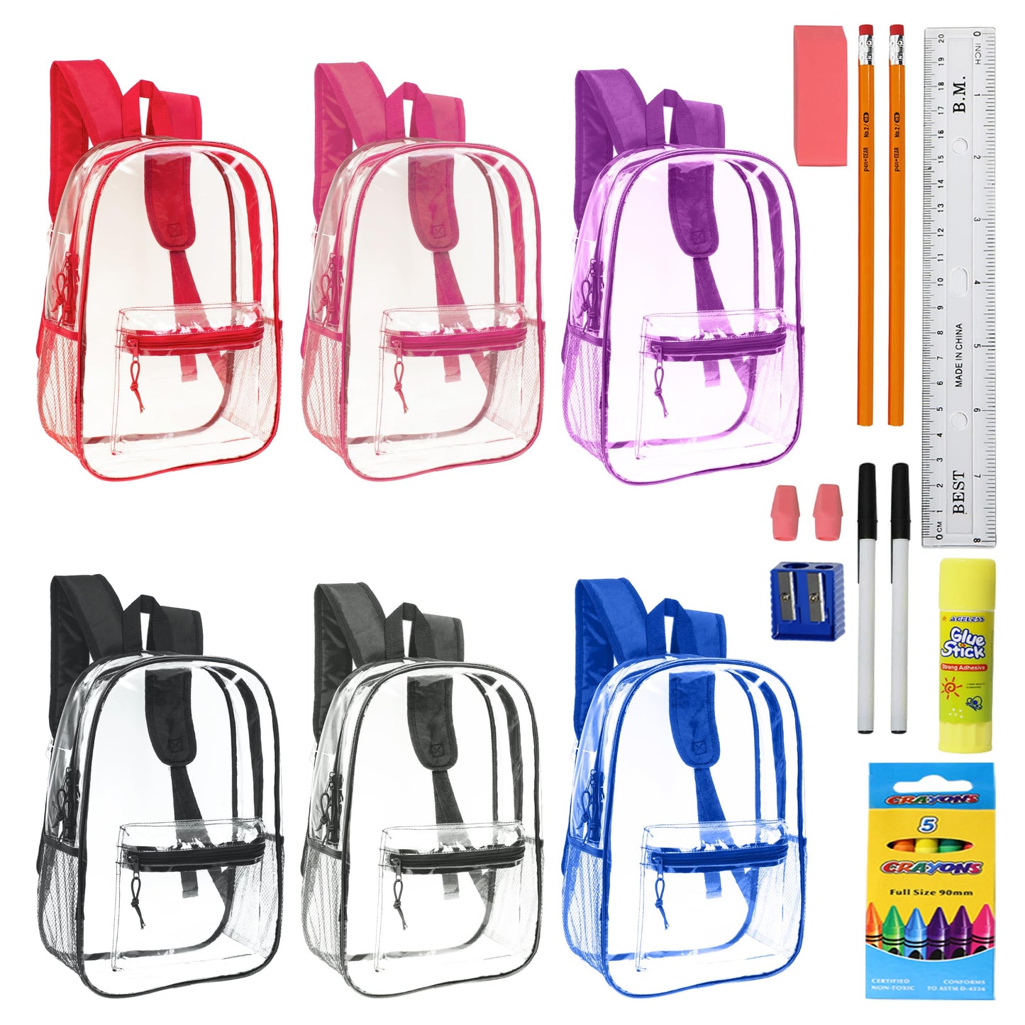 Moda West 17 Inch Bulk Backpacks with School Supply Kit - Case of 12 Wholesale Backpacks Assorted Colors