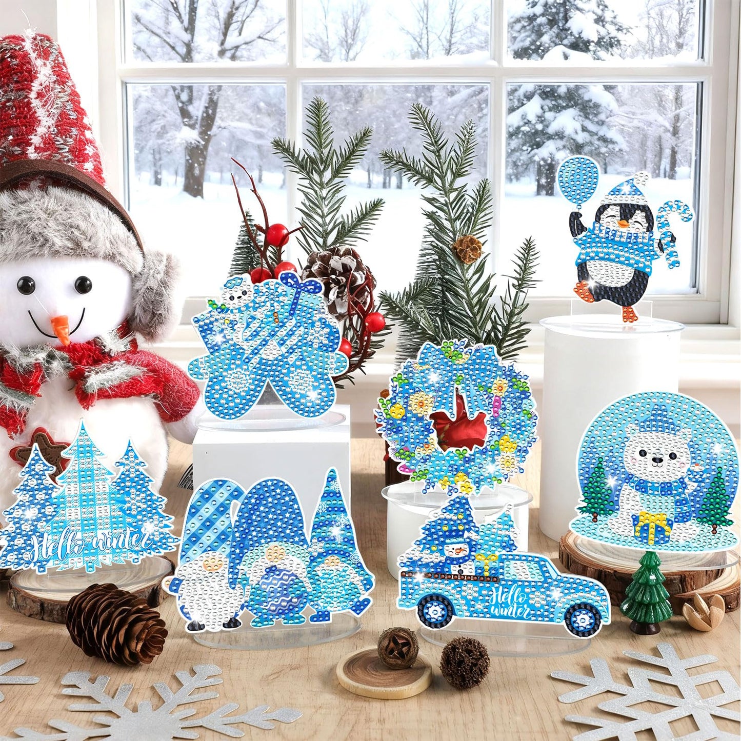 9pcs Winter Diamond Art Tabletop Decoration Winter Diamond Painting Desktop Ornament Christmas Tree Craft Kit Snowman Deer Truck Gnome Xmas Painting Sign Set for DIY Adults Gifts Party Decor