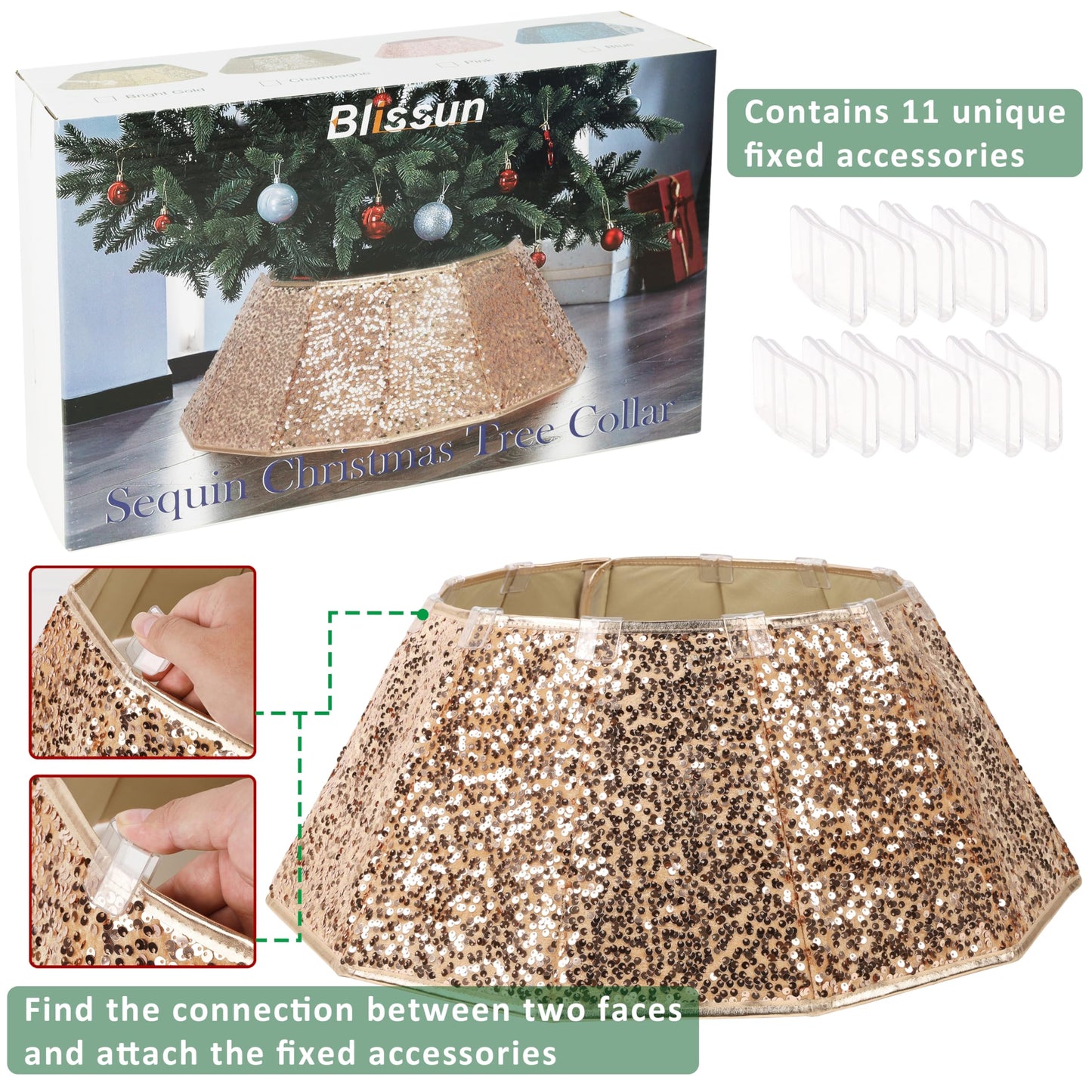 Blissun Sparkling Champagne Gold Christmas Tree Collar – Color Shifts with Light – 25.2″ Bottom / 14.9″ Top Foldable Base Cover