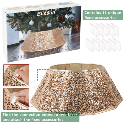 Blissun Sparkling Champagne Gold Christmas Tree Collar – Color Shifts with Light – 25.2″ Bottom / 14.9″ Top Foldable Base Cover