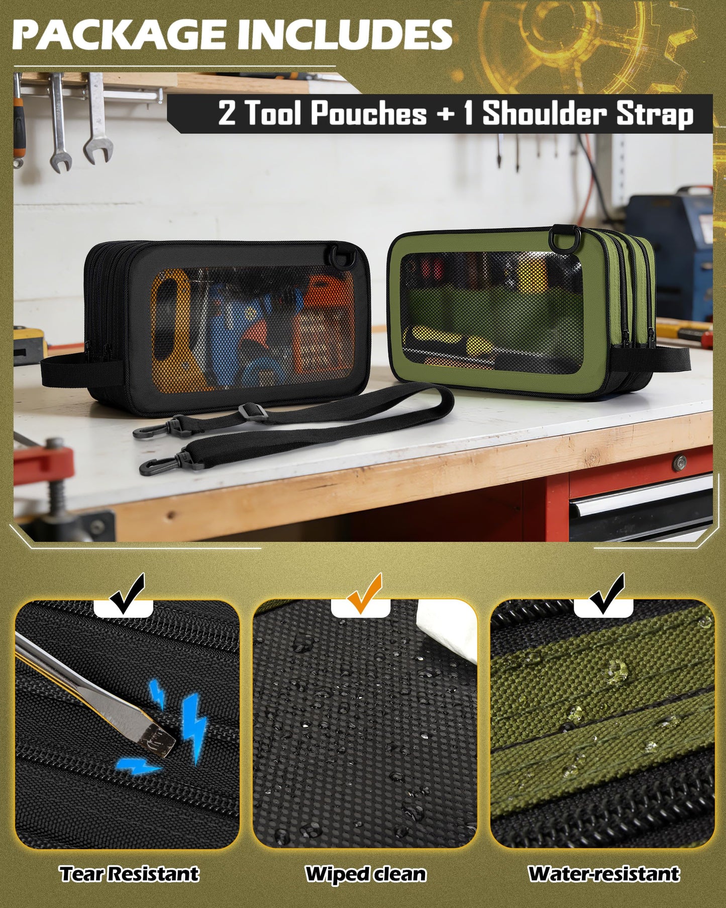 Marscamd 2 Pack Tool Pouch with Dual Compartments, 12” Tool Bag with Detachable Shoulder Strap, Carry Handle and Translucent Window, Black/Green