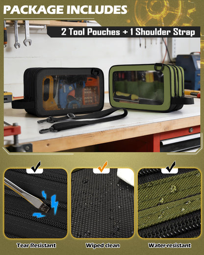 Marscamd 2 Pack Tool Pouch with Dual Compartments, 12” Tool Bag with Detachable Shoulder Strap, Carry Handle and Translucent Window, Black/Green
