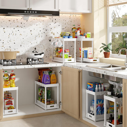 2PC Under Sink Organizer Rack 2 Tier Under Sliding Cabinet Basket Organizer Drawer with 4 Hooks, Multi-purpose Under Sink Storage for Bathroom Kitchen Desktop（Black）