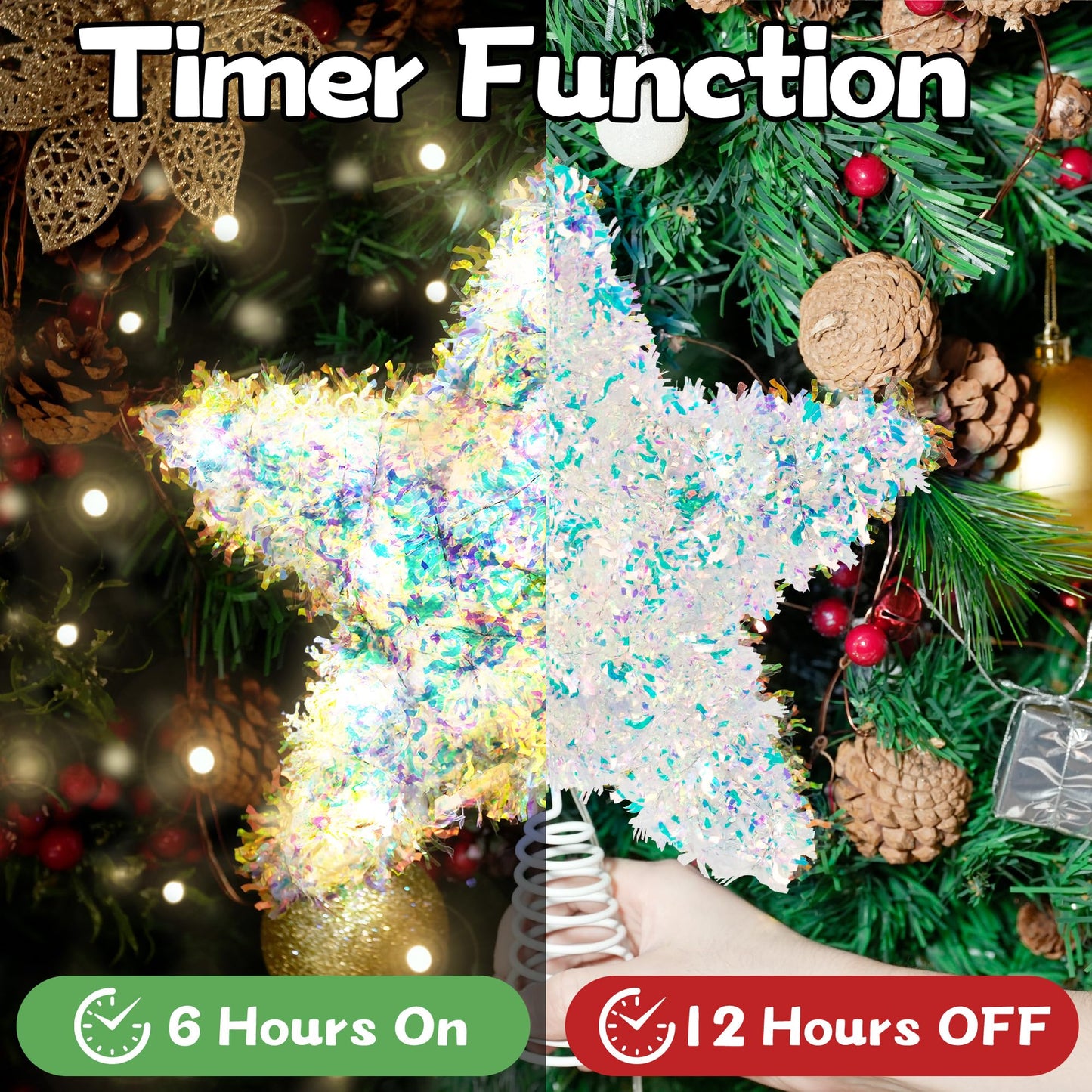 Joytry Christmas Tree Topper Star Iridescent Tinsel Star Tree Topper 10 Inch Lighted Tree Topper Battery Operated Christmas Tree Decoration for Holiday Indoor Decoration Warm White Light