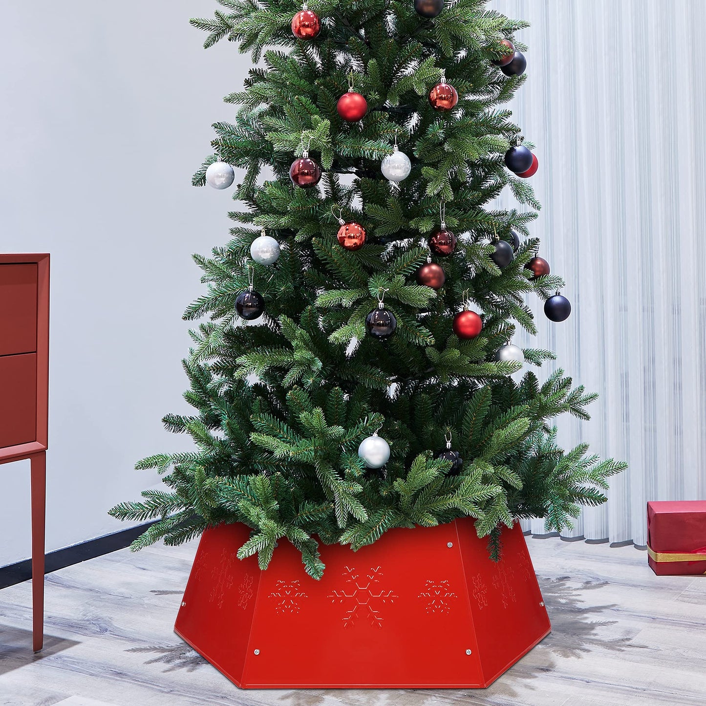 FORUP Metal Christmas Tree Ring with Printed Snowflake, Tree Skirt Base Stand for Christmas Decorations (Red)