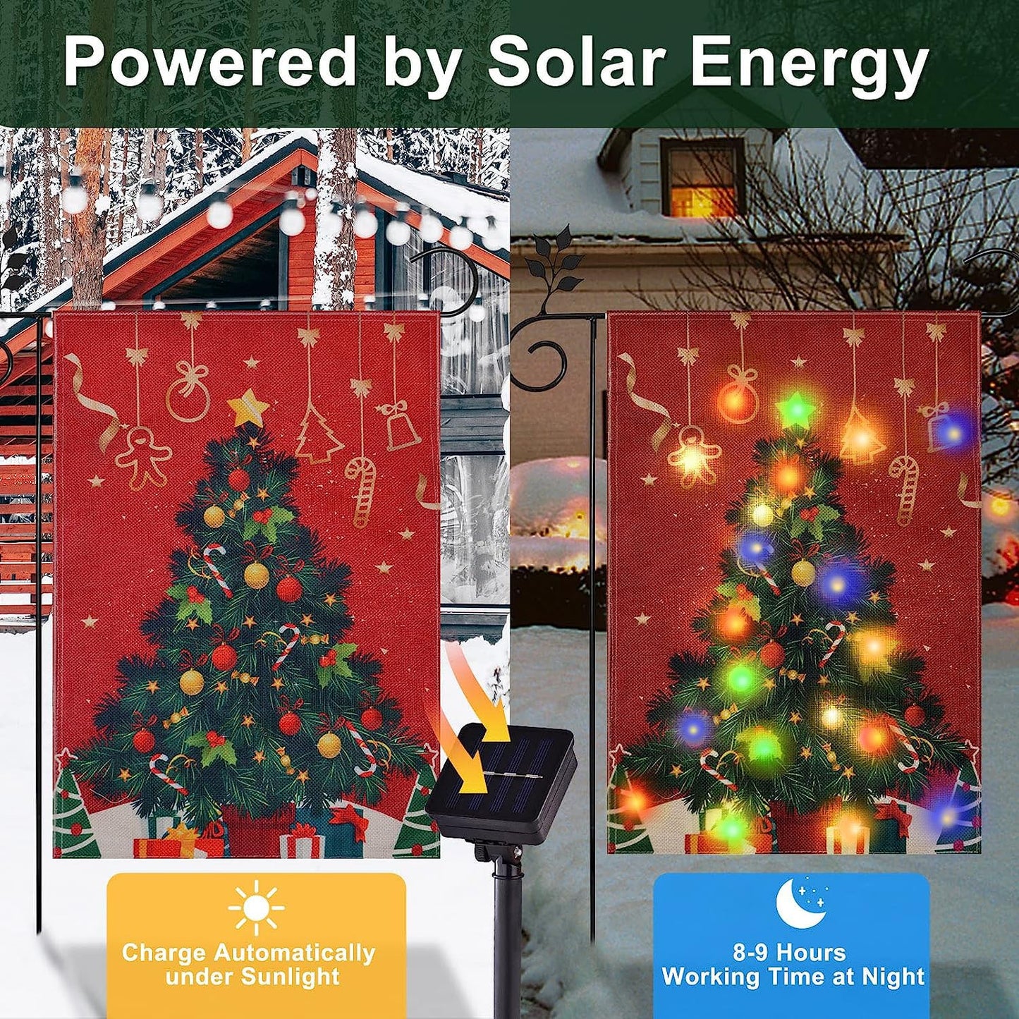 FLAGMESAGE Lighted Christmas Garden Flag for Outside, Solar LED Xmas Tree Flag Decoration, 12x18 Double Sided Outdoor Yard Lawn Decor