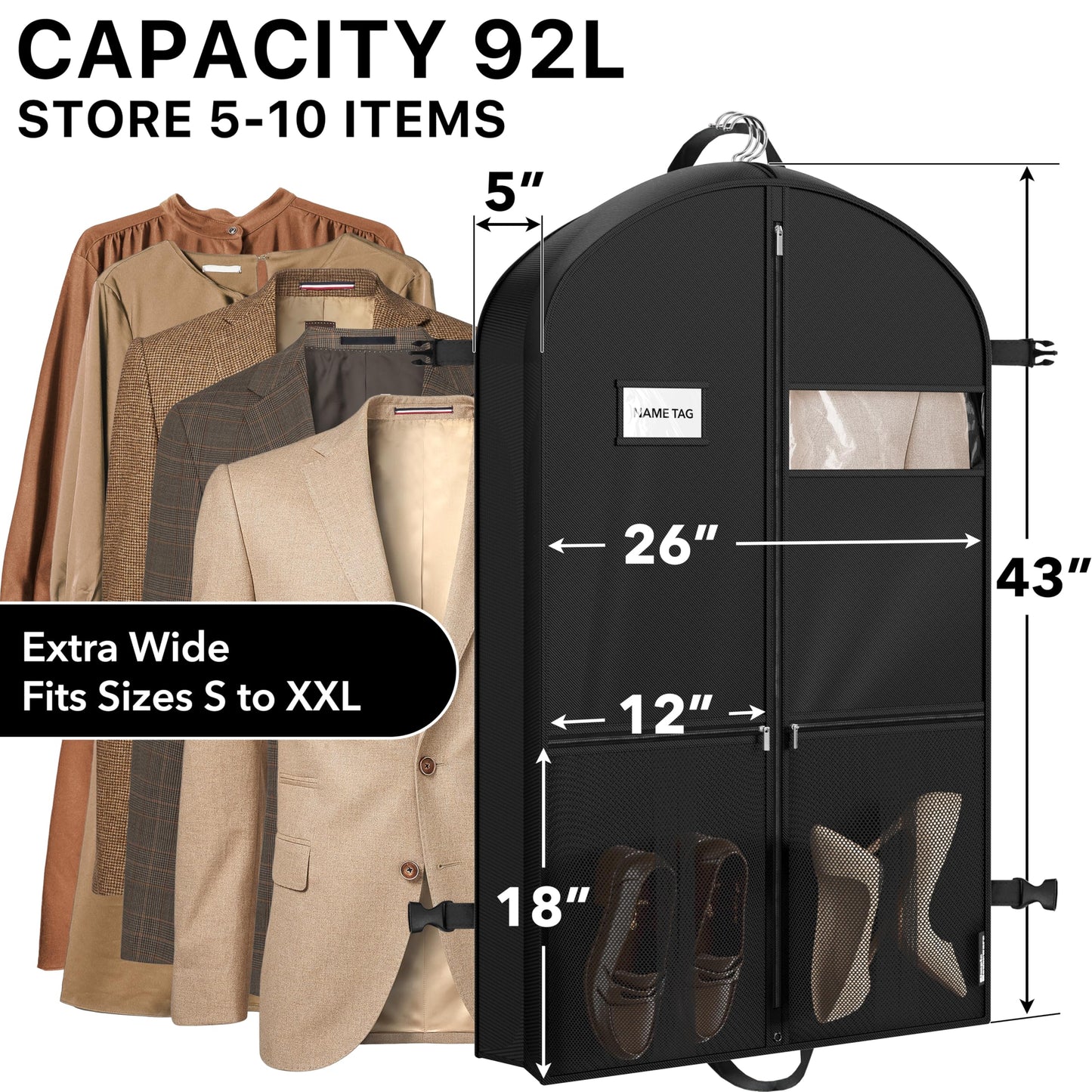 Simple Houseware 43'' Travel Garment Bag with Pockets for Suits, Dresses, Coats, Heavy Duty 300D Polyester