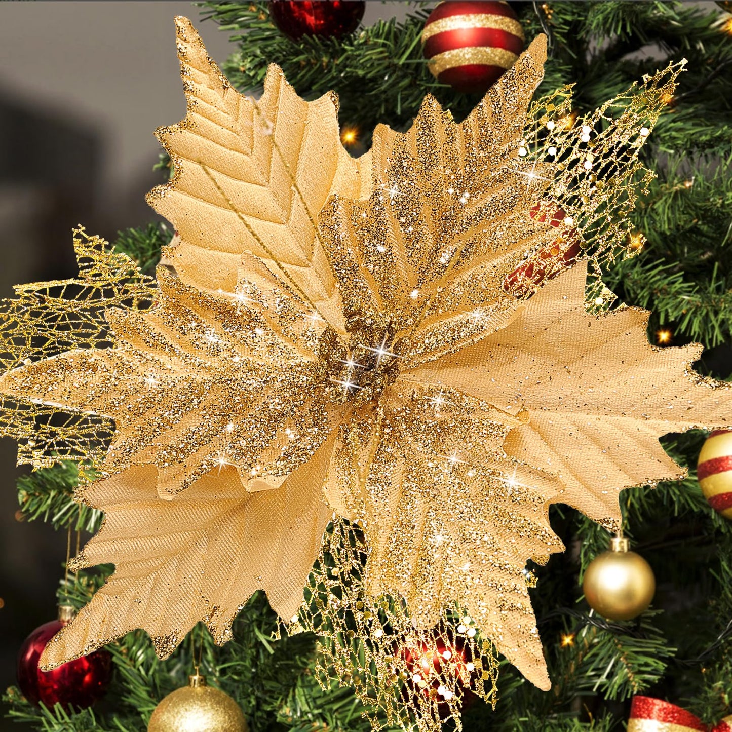 10'' Large Christmas Glitter Poinsettia Flowers Decorations, stadeco 10 Pcs Christmas Tree Picks Ornaments Artificial Flowers with Long Stems for Xmas Tree Wreath Garland Wedding Party DIY Decor