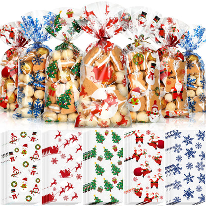 Outus 100 Pieces Christmas Cellophane Treat Bags, Plastic Christmas Cello Bags with Twist Ties for Candy, Cookie, Goodies, Gift Wrap, Xmas Party Favor Supplies (Santa)