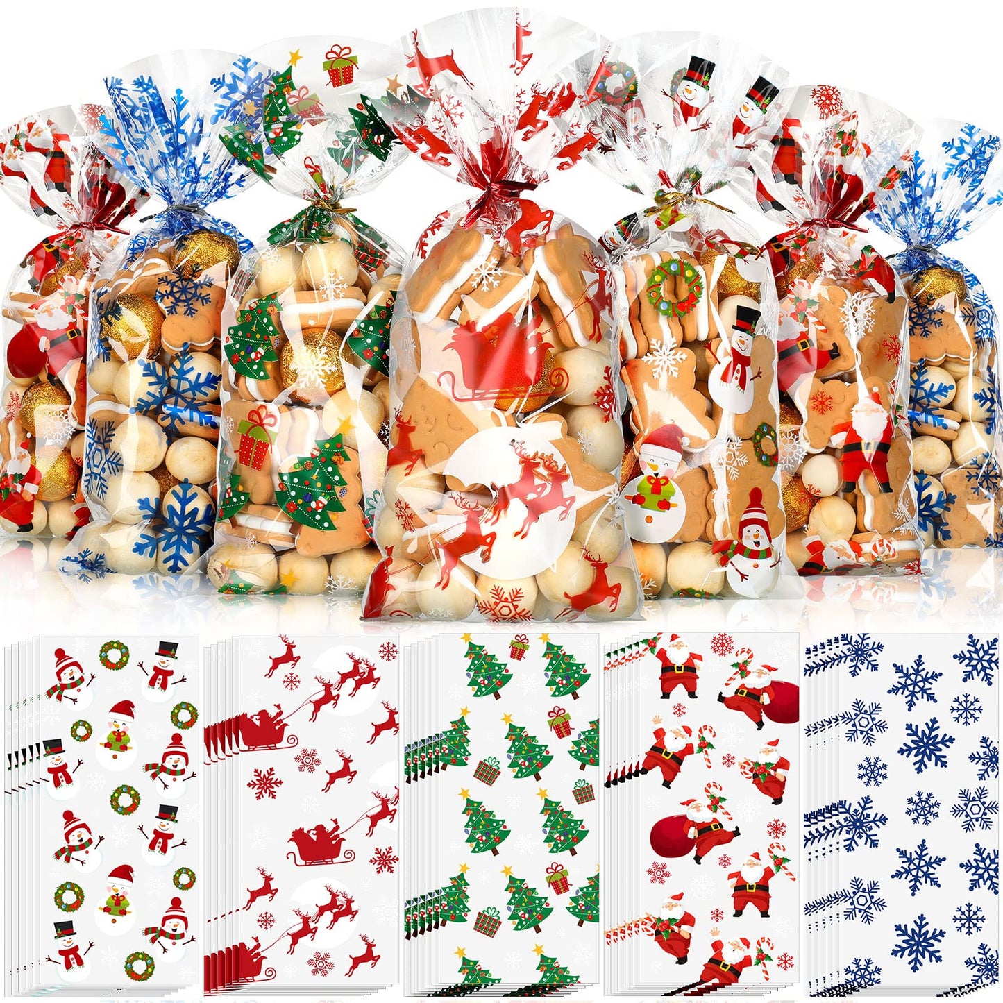 Outus 200 Pieces Christmas Cellophane Treat Bags, Plastic Christmas Cello Bags with Twist Ties for Candy, Cookie, Goodies, Gift Wrap, Xmas Party Favor Supplies
