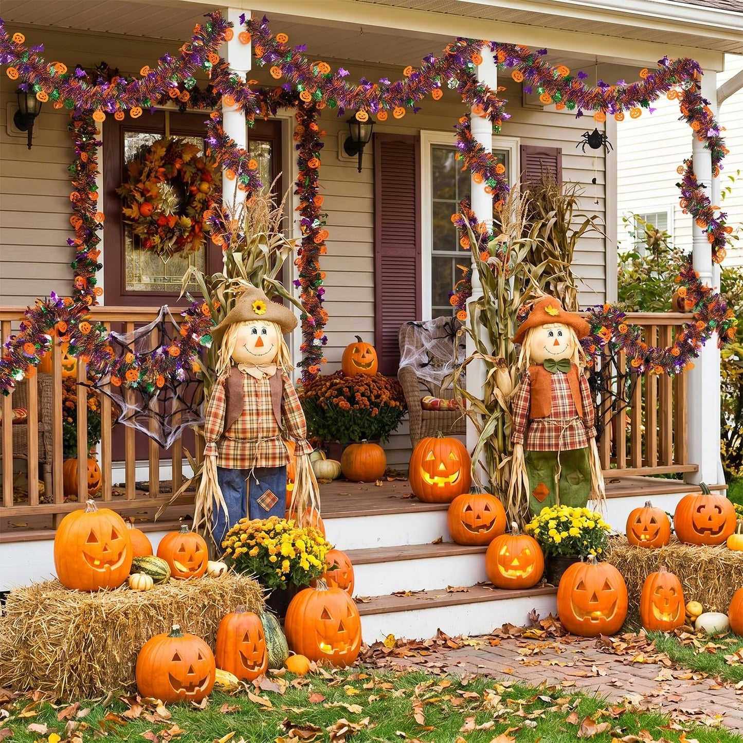 50 Ft Halloween Tinsel Garlands,Funny Pumpkin Bats Spider and Web Shiny Metallic Twist Foil Tinsel Garland Hanging Holiday Decorations for Home Indoor Outdoor Festivities Party Decor