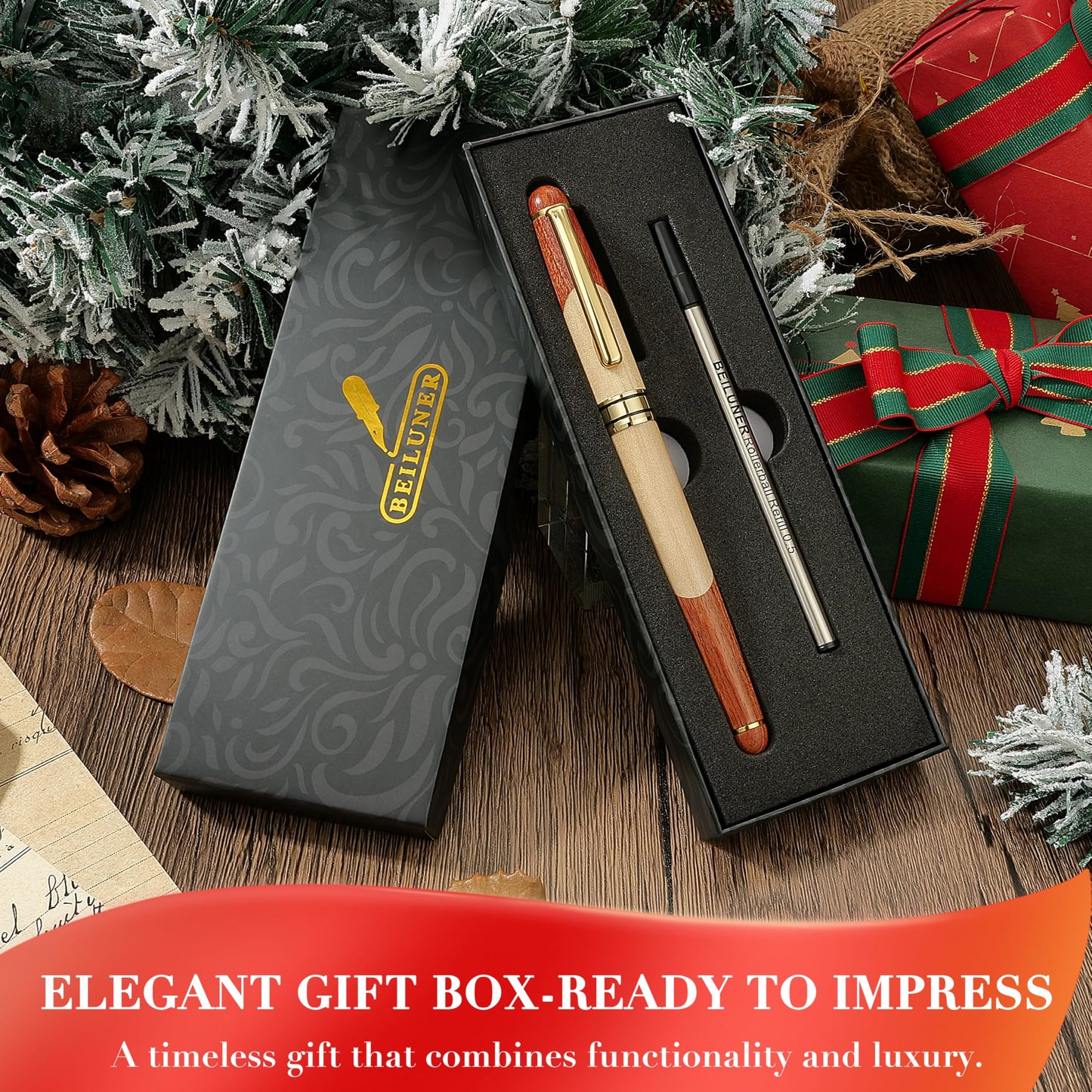 BEILUNER Luxury Wood Ballpoint Pen Writing Set,Maple-Elegant Fancy Nice Gift Pen Set for Signature Calligraphy Office Fancy Nice Supplies - Christmas Gift Boxed with Extra Refills (Black)