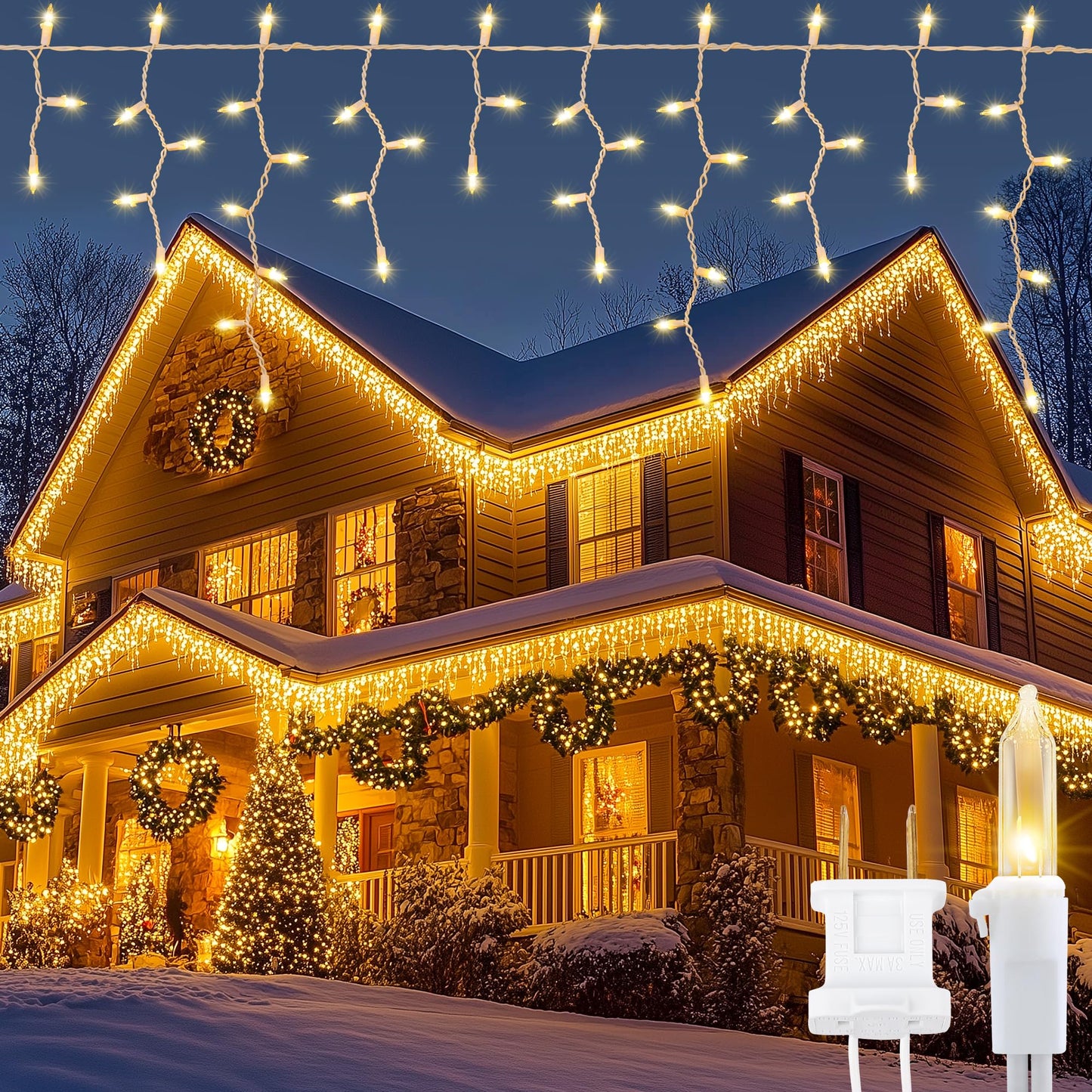 YOUNGAR Icicle Lights Outdoor, 23FT 200 Connectable Icicle Christmas Lights,Warm White Plug in Curtain String Lights for Indoor Wedding Party Holiday Xmas Yard Patio Window Decoration