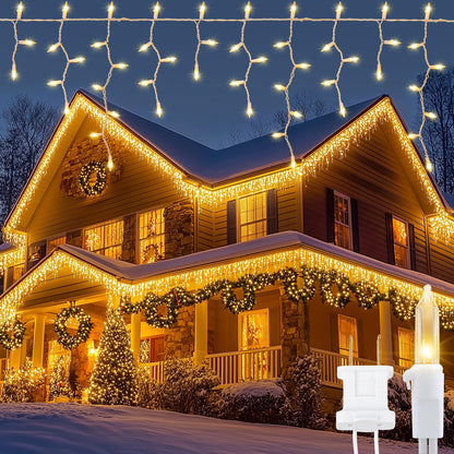 YOUNGAR Icicle Lights Outdoor, 23FT 200 Connectable Icicle Christmas Lights,Warm White Plug in Curtain String Lights for Indoor Wedding Party Holiday Xmas Yard Patio Window Decoration