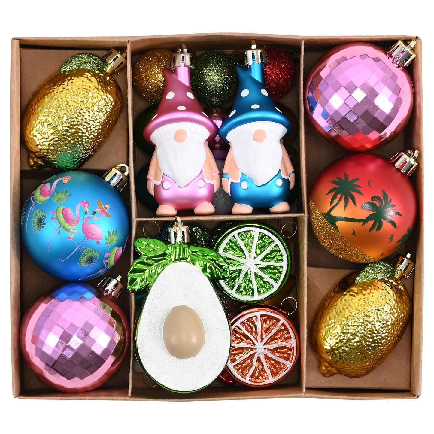 Valery Madelyn 30ct Summer Tree Ornaments Christmas in July Decorations, Coastal Beach Ocean Theme Set with Flamingo, Gnome, Avocado, Lemon & Palm Tree. Shatterproof Balls for Hawaiian Tropical Party