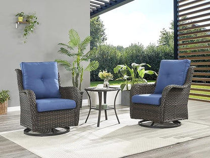 Rilyson Wicker Rocking Chair Swivel Chairs – 6 Piece Rocker Patio Furniture Set Rattan Rocking Bistro Sets with Glass Top Side Table for Outdoor Porch Deck Garden Backyard(Brown/Blue)