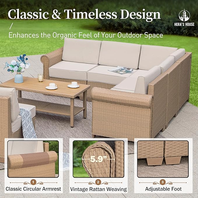 HERA'S HOUSE Patio Furniture Set 7 Piece, Outdoor Sectional Wicker Sofa with 44" Coffee Table All Weather 6 Seats, 5.5" Thick Waterproof Cushion Modular Conversation Set for Garden Deck Backyard
