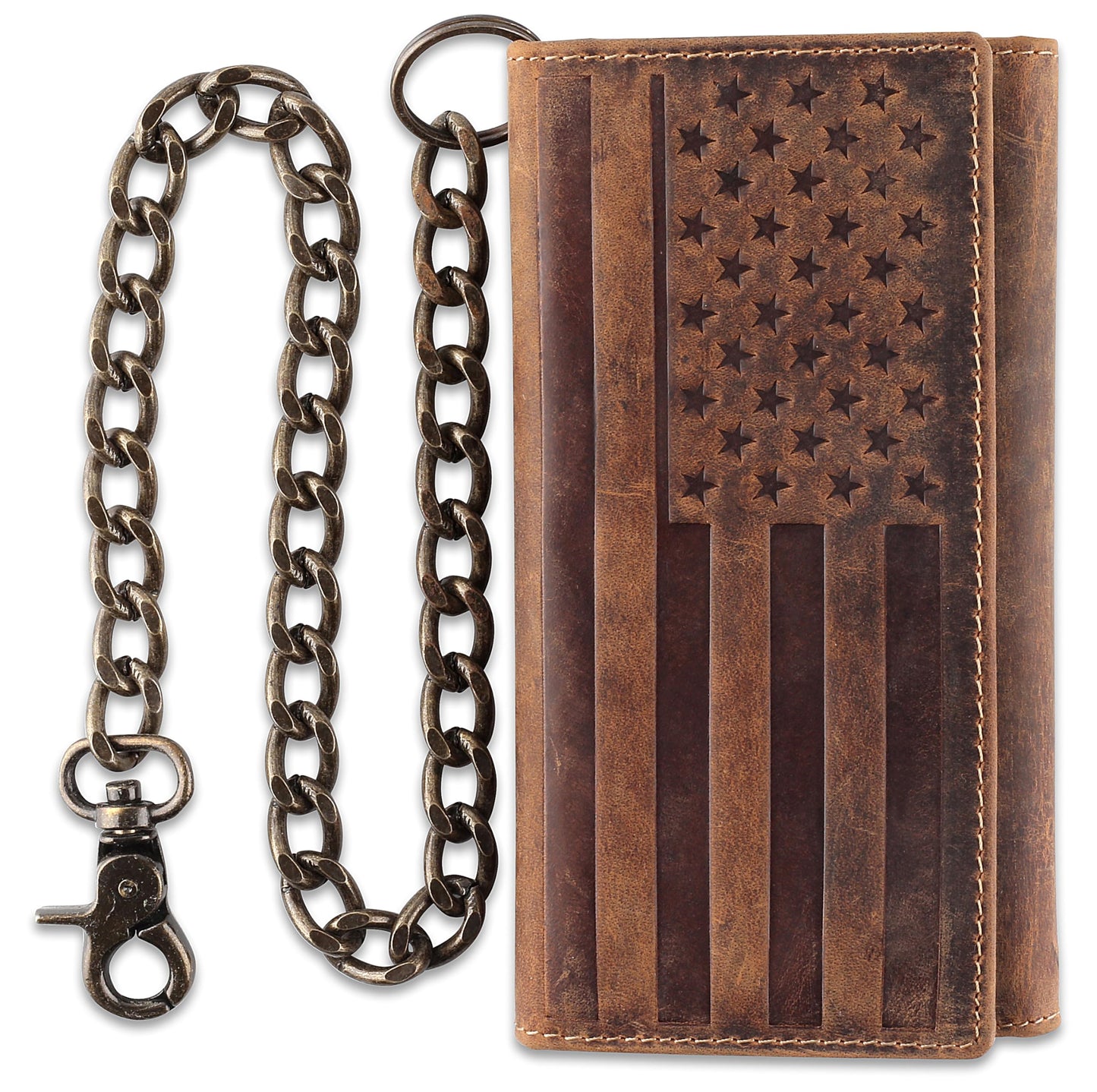 F&L CLASSIC RFID Blocking Mens Tri-fold Long Style Cowhide Leather Steel Chain Wallet,brown flag,212-100