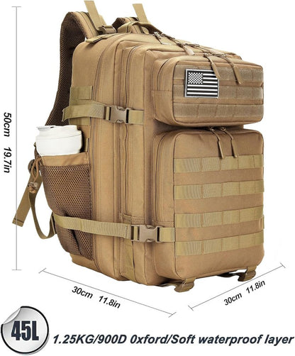 Tactical Assault Backpack - 45L Waterproof Rucksack with Molle | Khaki