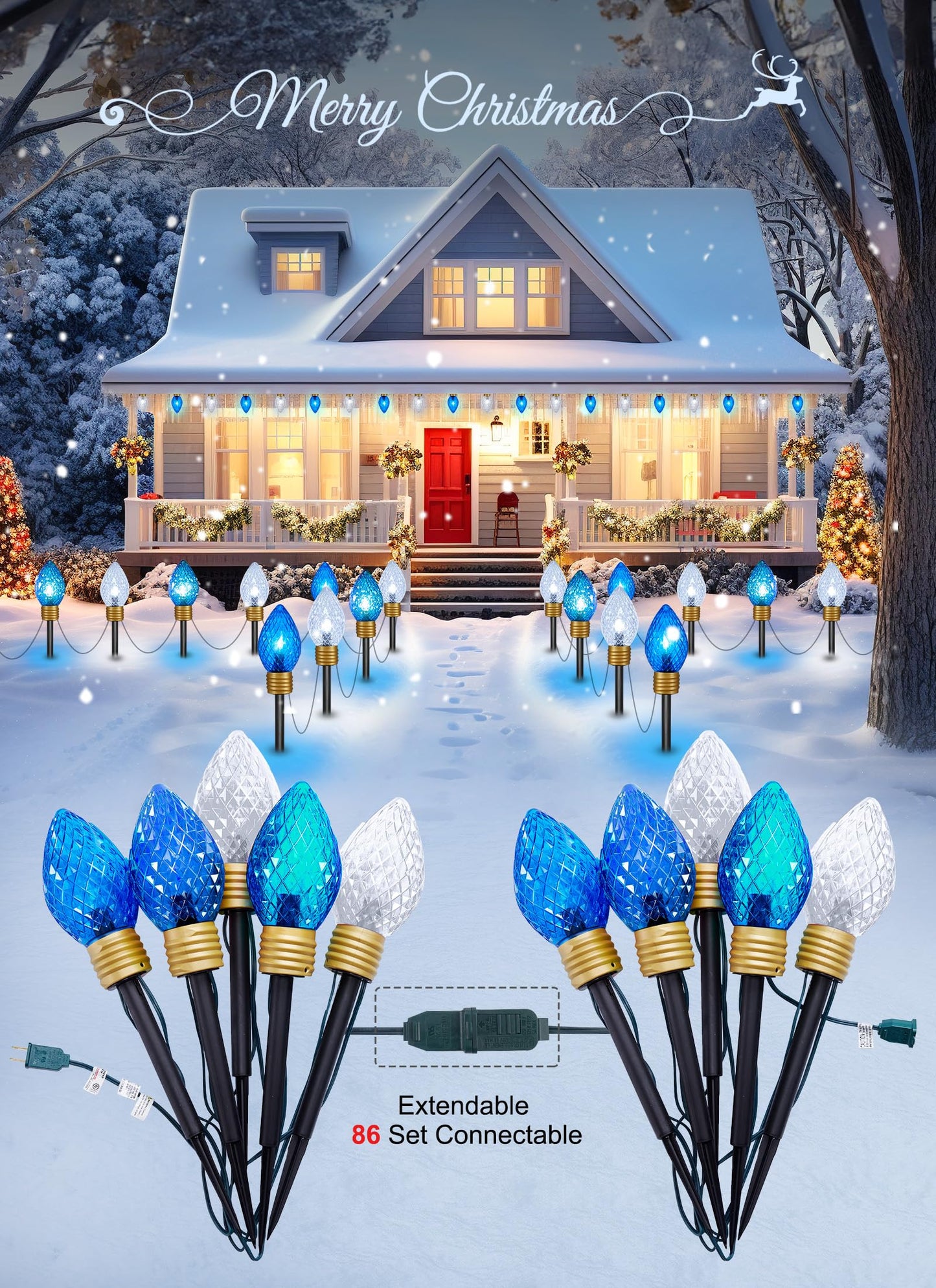 Brightown 2 Pack Jumbo Christmas Pathway Lights Outdoor - 10.5 Feet 5 LED C9 Walkway Light, Covered Jumbo Strawberry Bulb Decorations for Lawn Outside, Blue ＆ White