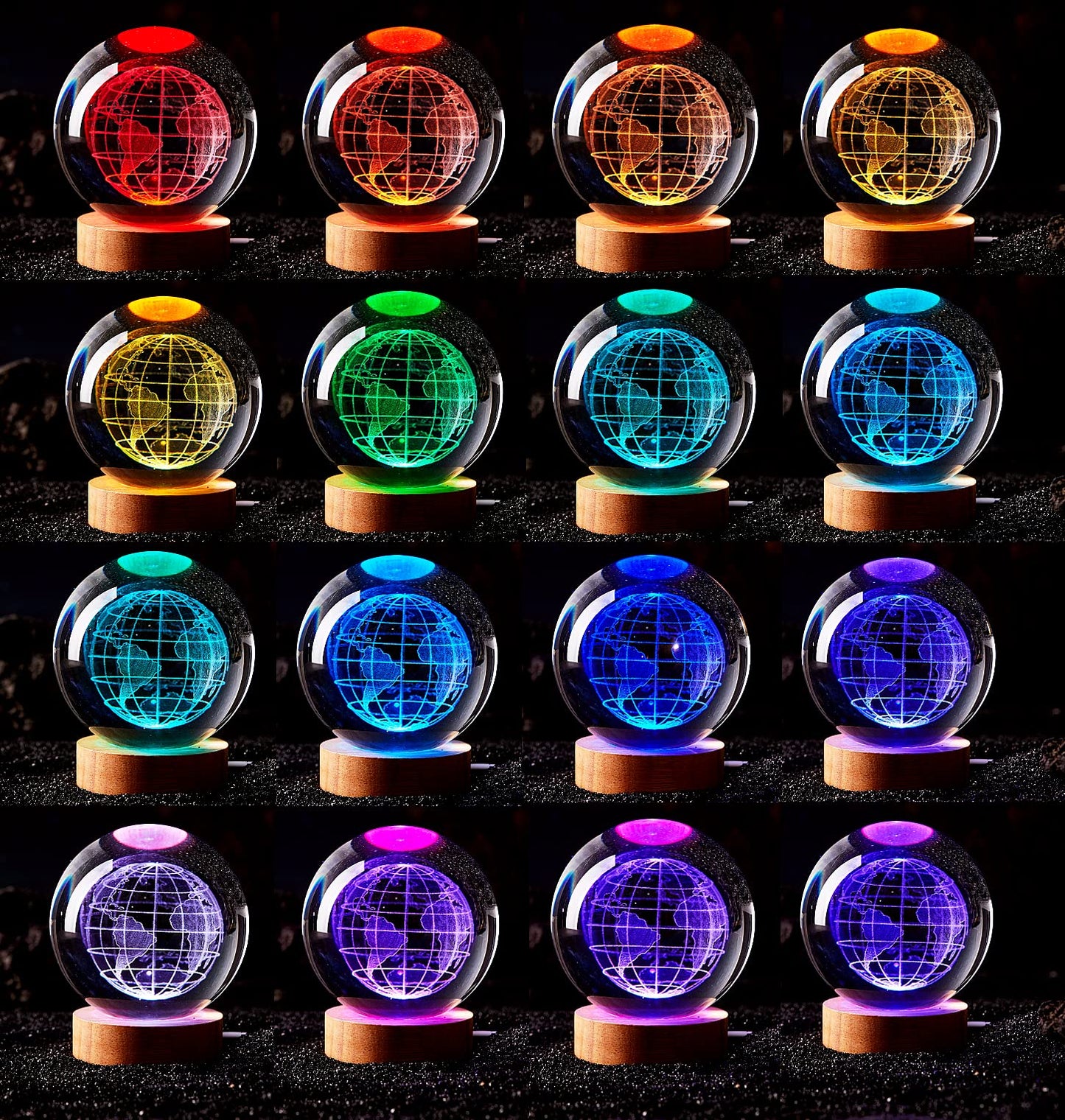 Conalisk 3D Earth Crystal Ball Lamp,3.15 inch K9 Crystal Ball Night Light with Wooden Base,Lifelike 3D LED Night Light,16 Colors Changing Light,Dimmable Remote Control,Desk lamp (D)