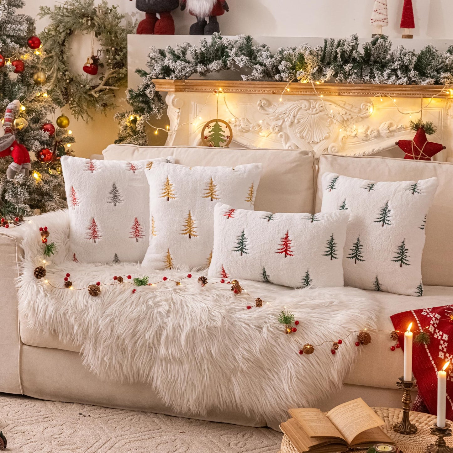 AQOTHES Christmas Tree Gold Throw Pillow Covers 18x18, Soft Faux Fur Embroidered Throw Pillows for Couch Sofa Cushion Covers Holiday Home Decor