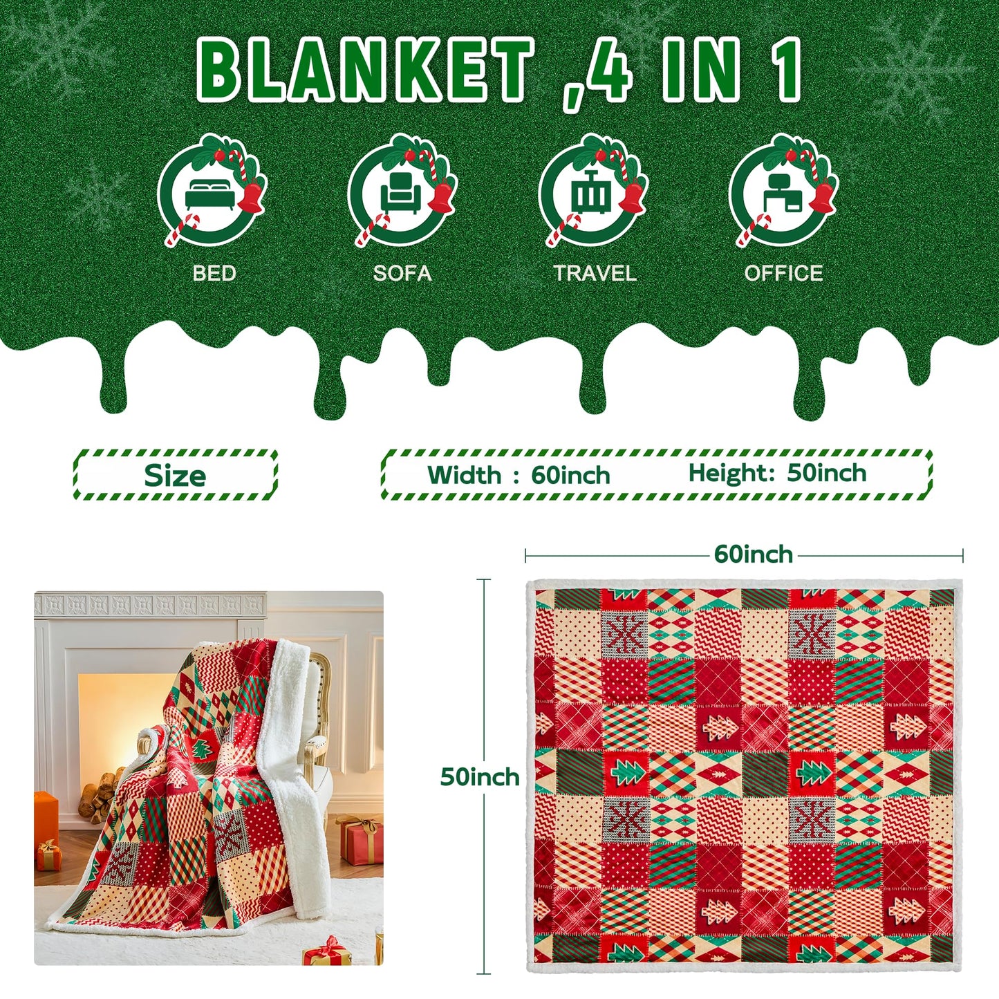 Nord ECO Christmas Throw Blanket, Christmas Decorations Gifts for Women, Sherpa Flannel Fleece Winter Holiday Blanket, Fluffy Cozy Soft Christams Throws for Couch Sofa Bed, ChristamsRhombus, 50" X 60"