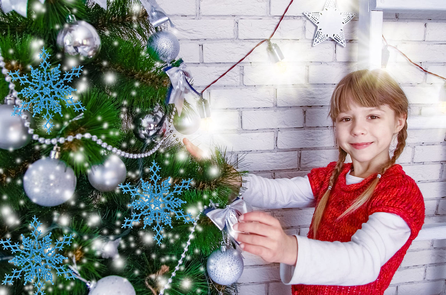 Christmas Traditions 6 inch Blue Snowflake Ornaments (Set of 18) Glittered Hanging Tree Decorations (Blue)