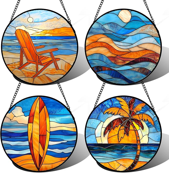Stained Glass Window Hanging 4 Pcs Set Blue Orange Ocean Beach Theme 9.8" - Suncatcher Door Garden Sun Catcher Decor Birthday Christmas for Mom Woman Nana Men Wife