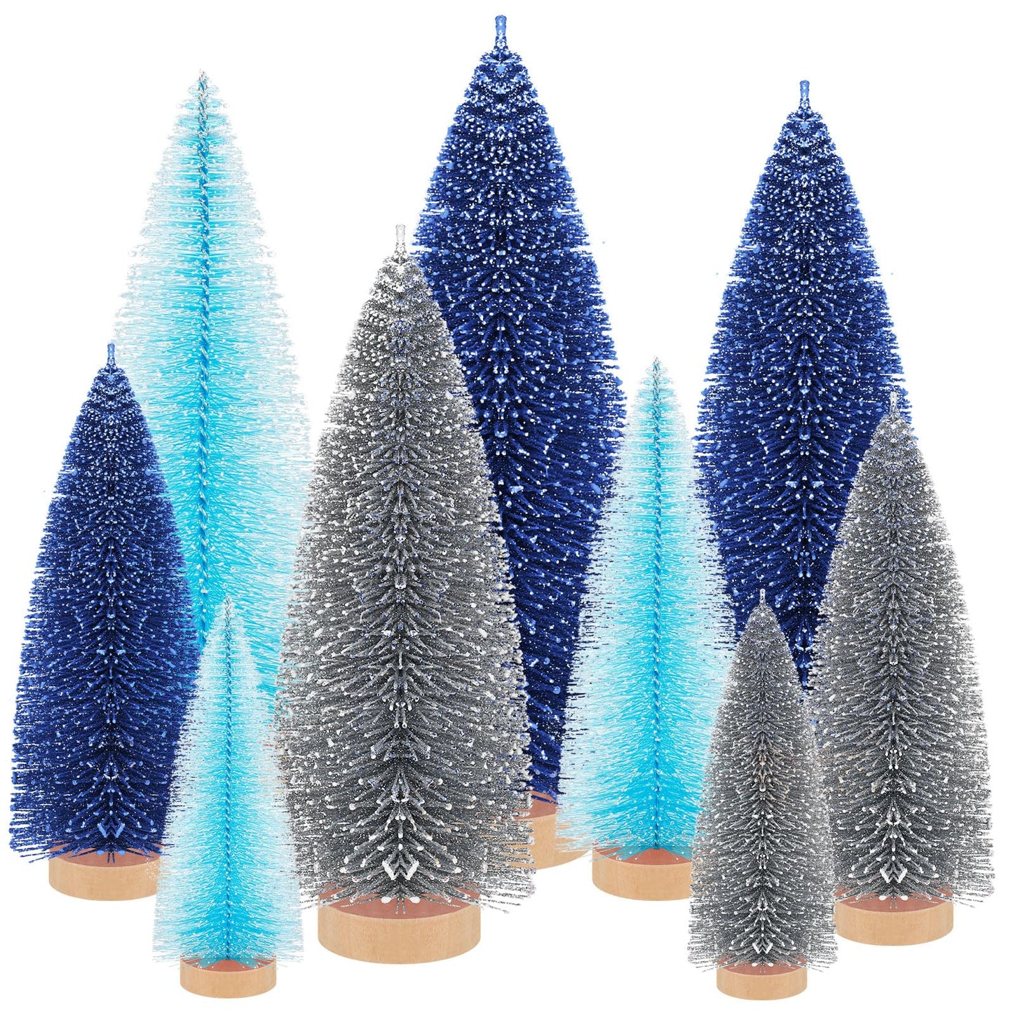 Leyndo 9 Pcs Blue Classic Artificial Mini Christmas Tree Sisal Bottle Brush Trees with Wood Base Christmas Pine Trees for Autumn Winter Holiday Home Kitchen Party Decor