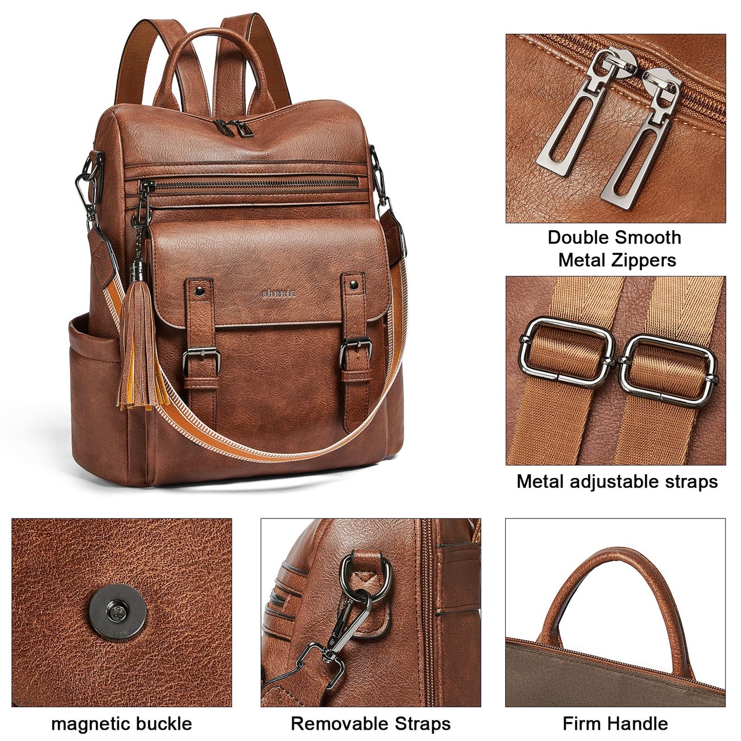 Shrrie Womens Vegan Leather Backpack Purse for Work College Brown Fashion Small Backpack Design Water-Resistant Purse