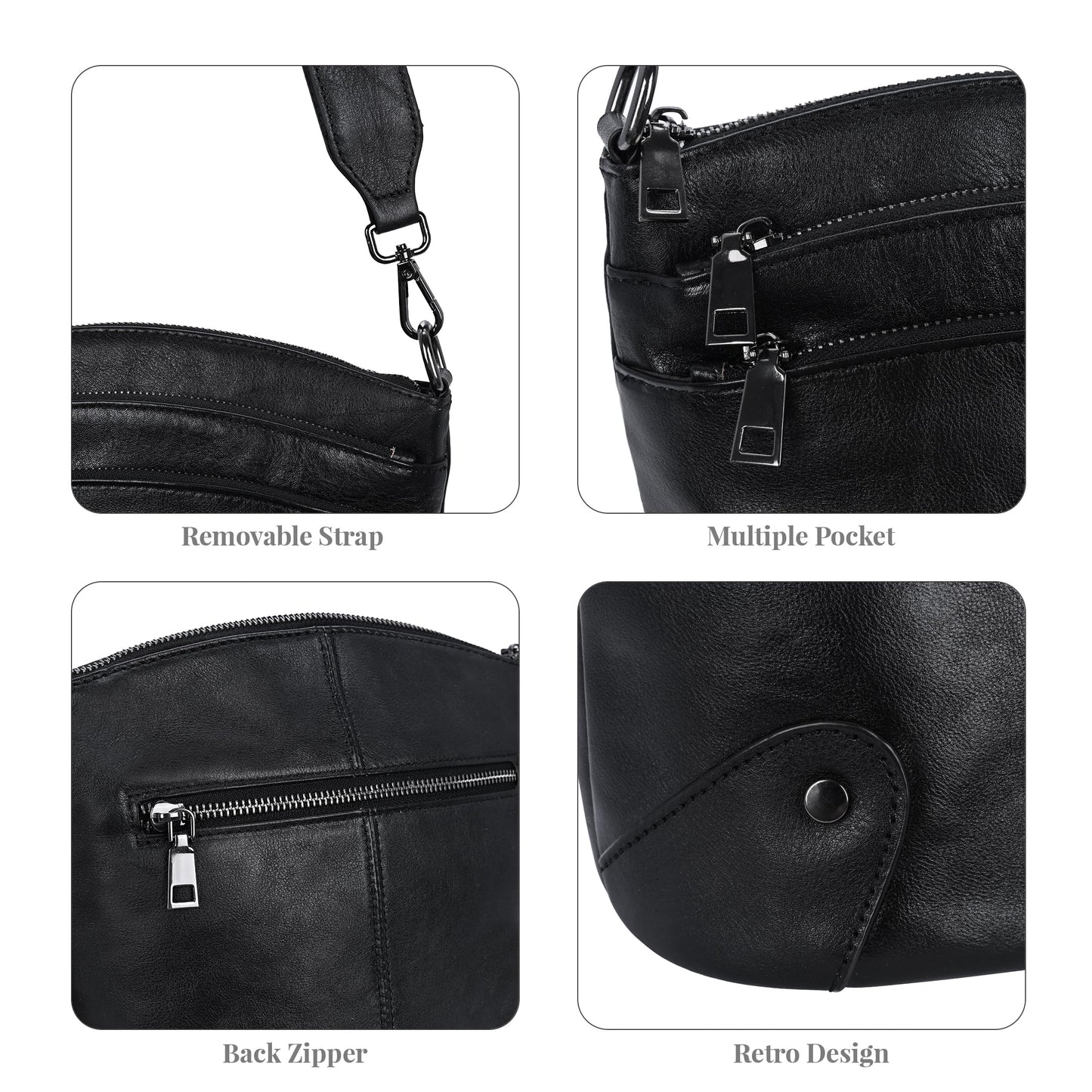 HESHE Crossbody Bags Leather Purses for Women Vintage Shoulder Handbags with Multi Pockets Cross Body Purses for Travel (Black)
