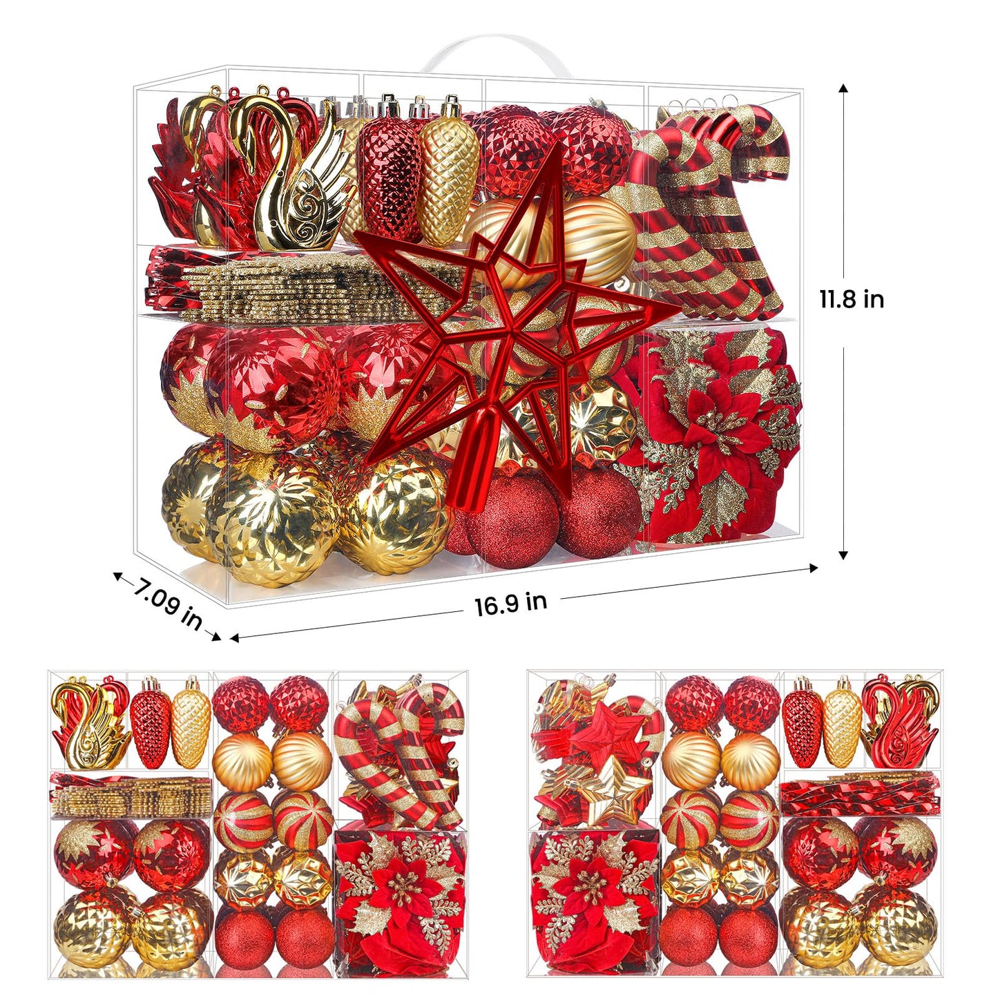 Alupssuc 128pcs Christmas Balls Ornaments Set, Shatterproof Plastic Baubles Christmas Flowers and Tree Topper for Xmas Tree Holiday Wedding Party Decorations with Hanging Strings, Red and Gold