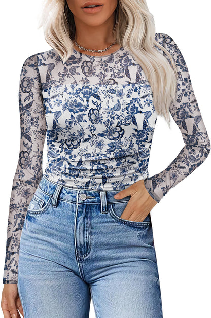 XIEERDUO Women's Sexy Sheer Long Sleeve Tops Crew Neck Mesh Ruched Going Out Shirts Blouse Date Night Outfits